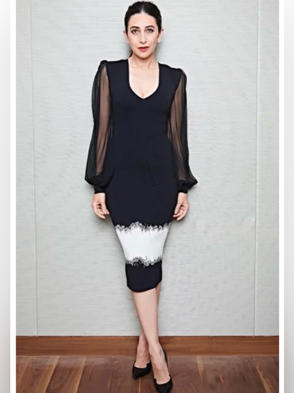 Sachin + Babi Black and White Sheer-Sleeve modest midi Dress with Contrast Hem